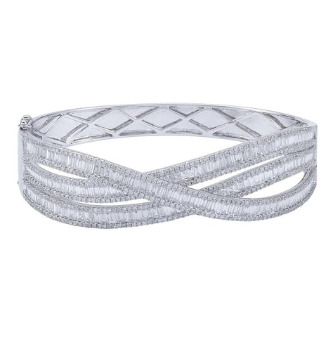 6.06 Ctw Diamond 18k White Gold Round Baguette Shape Womens Diamond Bangle Bracelet