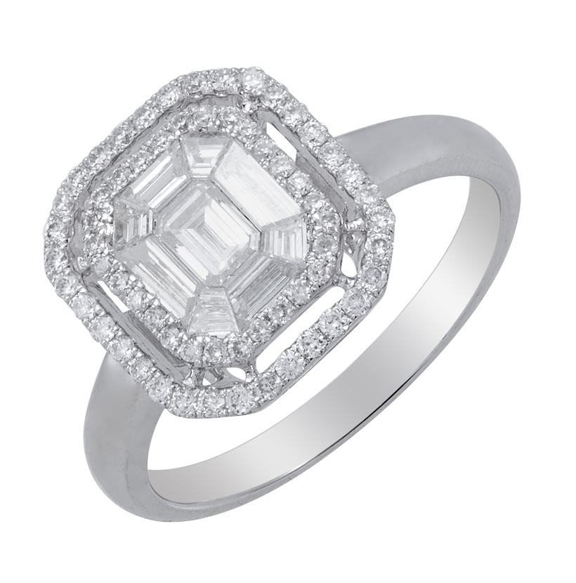 0.84 Ctw Diamond 18k White Gold Round Tap Baguette Shape Womens Diamond Ring
