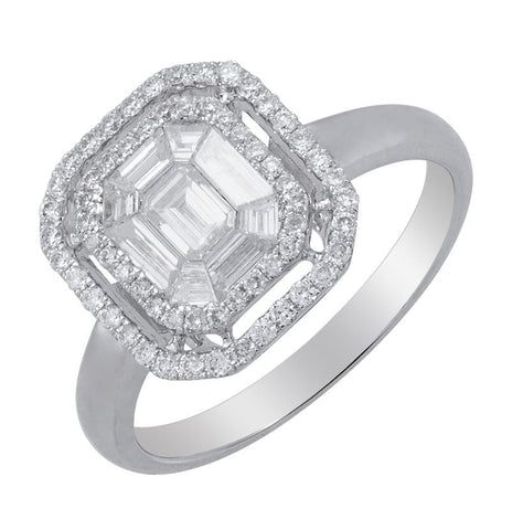 0.84 Ctw Diamond 18k White Gold Round Tap Baguette Shape Womens Diamond Ring