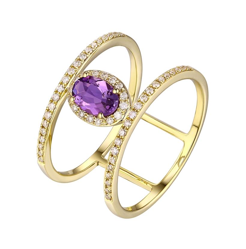 0.2 Ctw Diamond 14k Yellow Gold Amethyst Round Shape Womens Gemstone Ring