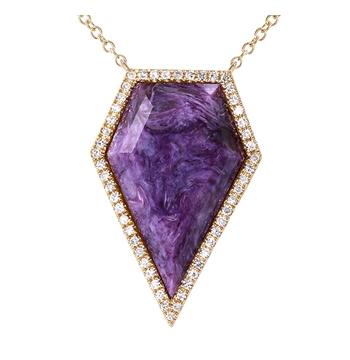 0.16 Ctw Diamond 14k Yellow Gold Charoite Round Shape Womens Gemstone Necklace