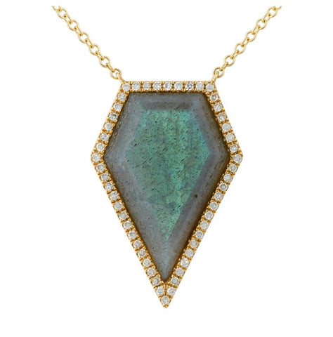 0.16 Ctw Diamond 14k Yellow Gold Labradorite Round Shape Womens Gemstone Necklace