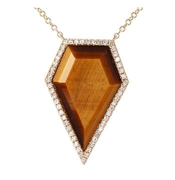 0.16 Ctw Diamond 14k Yellow Gold Tiger's Eye Round Shape Womens Gemstone Necklace