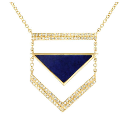 0.22 Ctw Diamond 14k Yellow Gold Lapis Round Shape Womens Gemstone Necklace