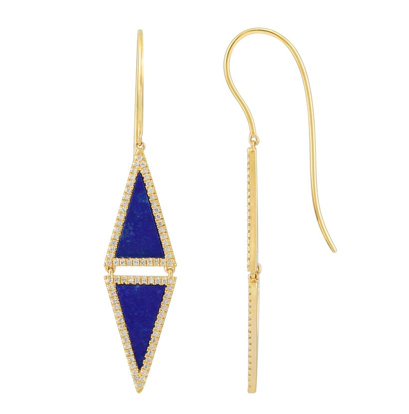 0.39 Ctw Diamond 14k Yellow Gold Lapis Round Shape Womens Gemstone Earrings