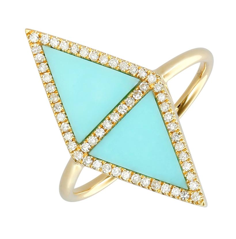 0.18 Ctw Diamond 14k Yellow Gold Turquoise Round Shape Womens Gemstone Ring
