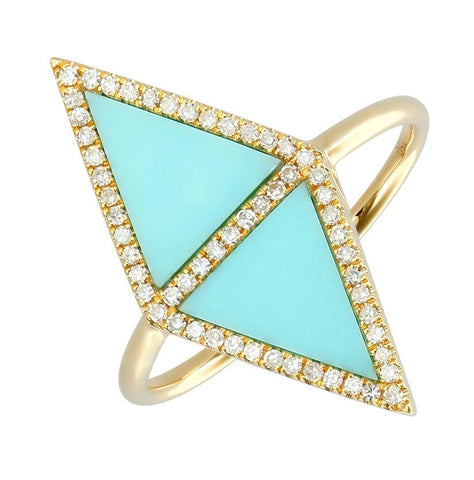 0.18 Ctw Diamond 14k Yellow Gold Turquoise Round Shape Womens Gemstone Ring