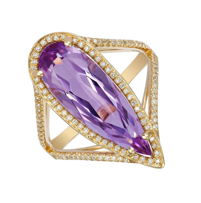 0.23 Ctw Diamond 14k Yellow Gold Amethyst Round Shape Womens Gemstone Ring