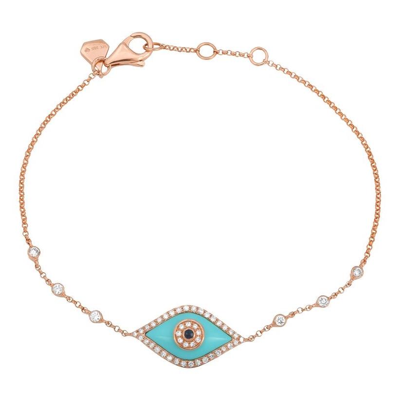 0.14 Ctw Diamond 14k Rose Gold Sapphire Turquoise-recon Round Shape Womens Gemstone Bracelet