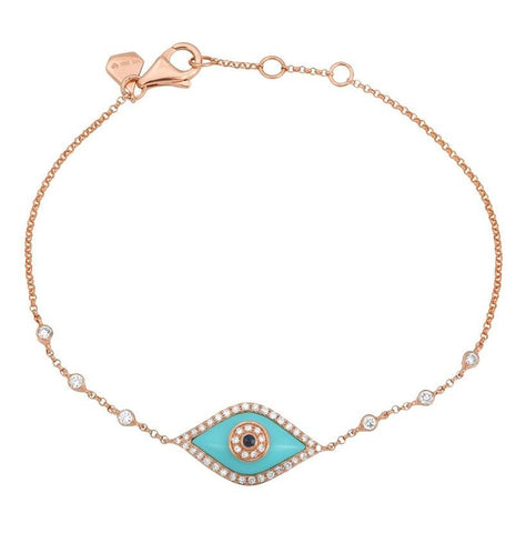 0.14 Ctw Diamond 14k Rose Gold Sapphire Turquoise-recon Round Shape Womens Gemstone Bracelet