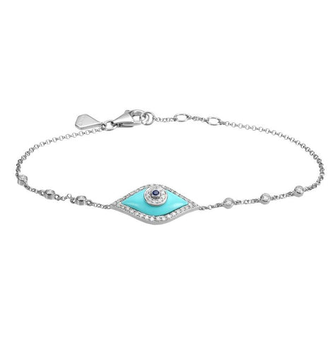 0.14 Ctw Diamond 14k White Gold Sapphire Turquoise-recon Round Shape Womens Gemstone Bracelet