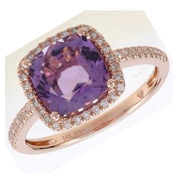 0.2 Ctw Diamond 14k Rose Gold Amethyst Round Shape Womens Gemstone Ring