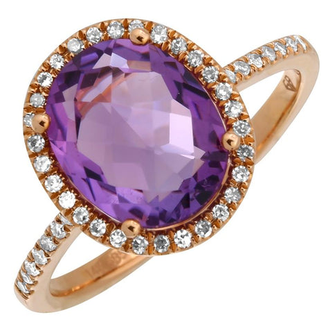 0.18 Ctw Diamond 14k Rose Gold Amethyst Round Shape Womens Gemstone Ring