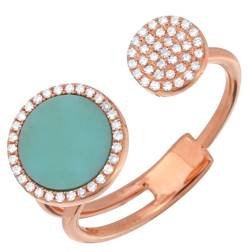 0.17 Ctw Diamond 14k Rose Gold Turquoise Round Shape Womens Gemstone Ring