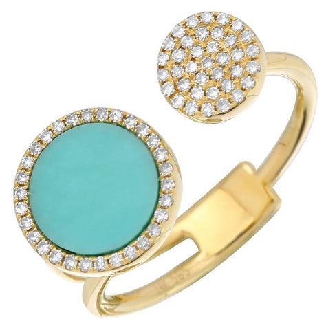 0.16 Ctw Diamond 14k Yellow Gold Turquoise Round Shape Womens Gemstone Ring