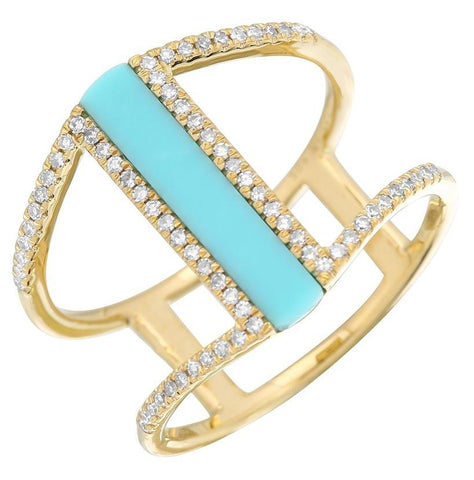 0.21 Ctw Diamond 14k Yellow Gold Turquoise Round Shape Womens Gemstone Ring