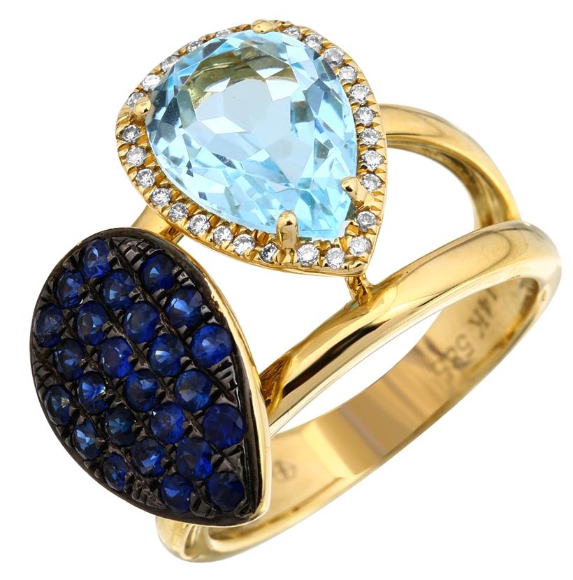 0.09 Ctw Diamond 14k Yellow Gold Topaz Sapphire Round Shape Womens Gemstone Ring