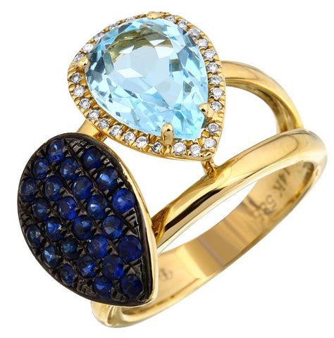 0.09 Ctw Diamond 14k Yellow Gold Topaz Sapphire Round Shape Womens Gemstone Ring