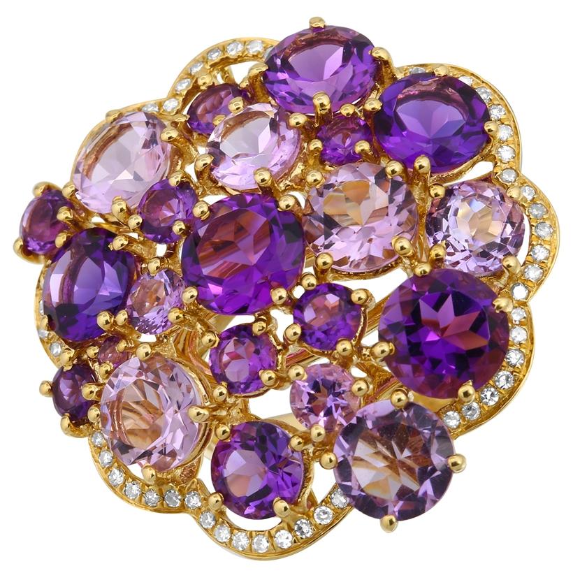 0.2 Ctw Diamond 14k Yellow Gold Amethyst Round Shape Womens Gemstone Ring
