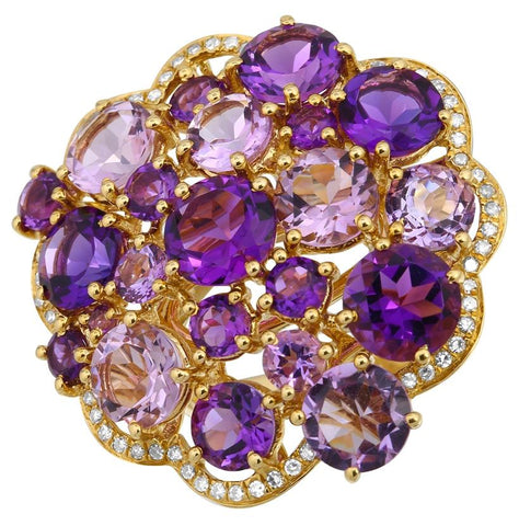 0.2 Ctw Diamond 14k Yellow Gold Amethyst Round Shape Womens Gemstone Ring