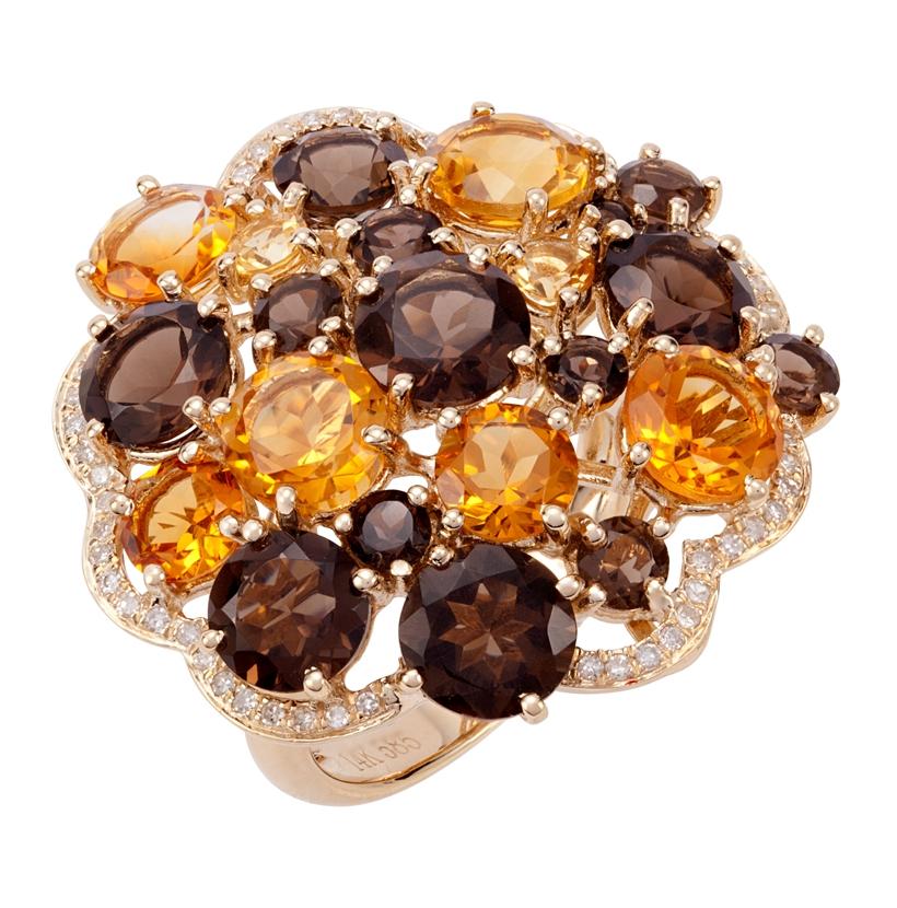 0.2 Ctw Diamond 14k Yellow Gold Citrine Topaz Round Shape Womens Gemstone Ring