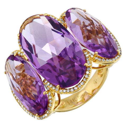 0.31 Ctw Diamond 14k Yellow Gold Amethyst Round Shape Womens Gemstone Ring
