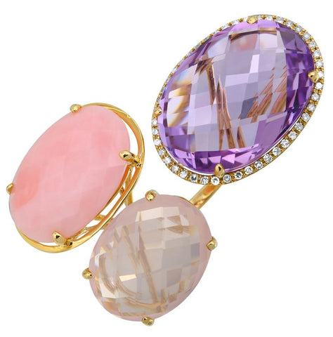 0.28 Ctw Diamond 14k Yellow Gold Amethyst Quartz Opal Round Shape Womens Gemstone Ring