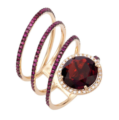 0.1 Ctw Diamond 14k Yellow Gold Ruby Garnet Round Shape Womens Gemstone Ring