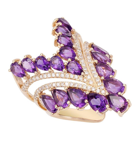 0.39 Ctw Diamond 14k Yellow Gold Amethyst Round Shape Womens Gemstone Ring