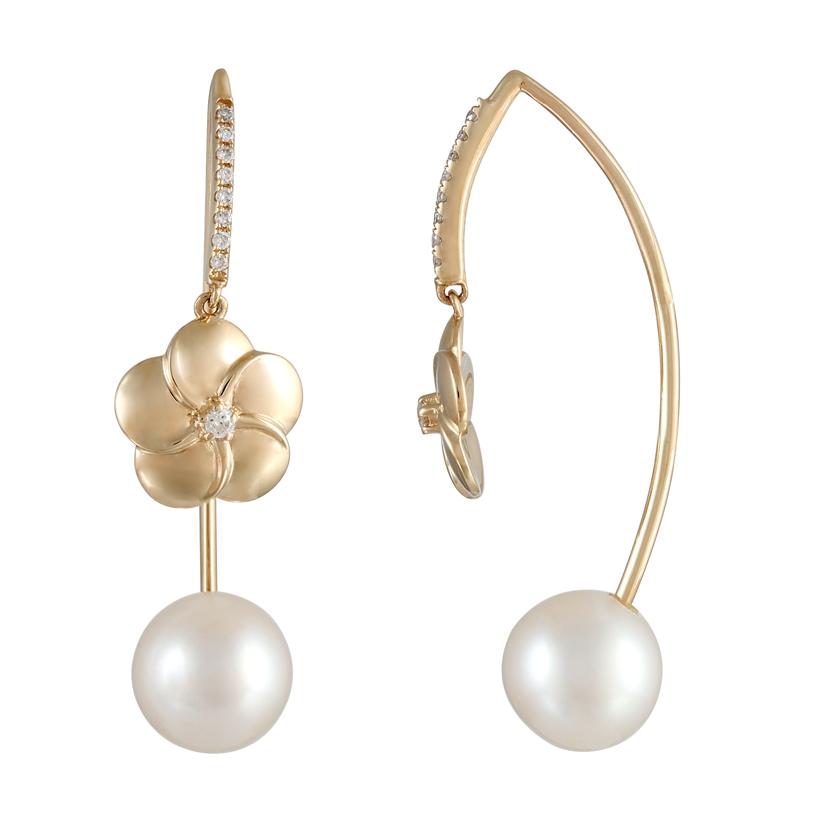 0.1 Ctw Diamond 14k Yellow Gold Pearl Earrings