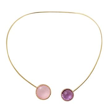 0.17 Ctw Diamond 14k Yellow Gold Amethyst Quartz Round Shape Womens Gemstone Necklace