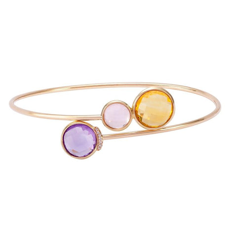 0.02 Ctw Diamond 14k Yellow Gold Amethyst Citrine Quartz Round Shape Womens Gemstone Bangle Bracelet