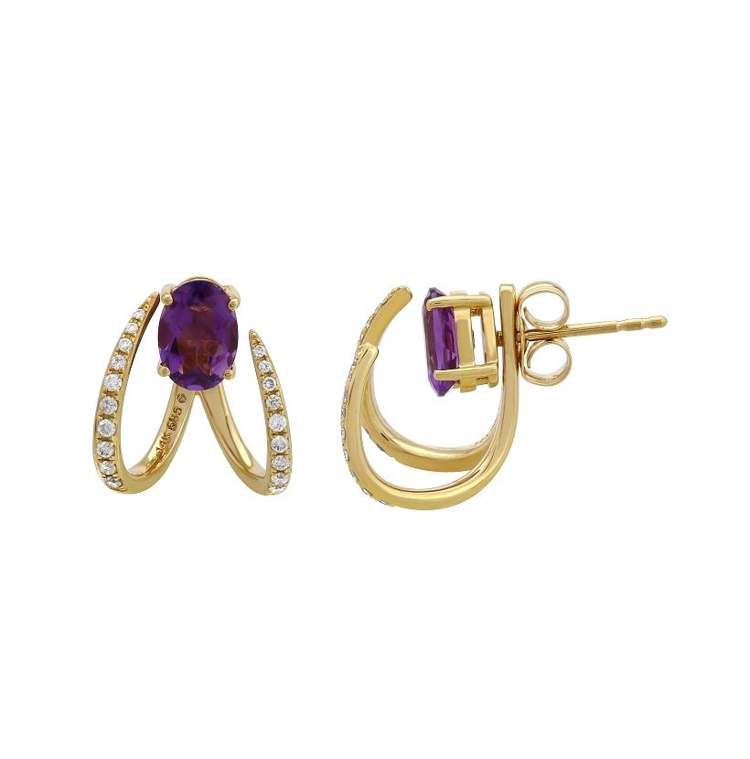 0.23 Ctw Diamond 14k Yellow Gold Amethyst Round Shape Womens Gemstone Earrings