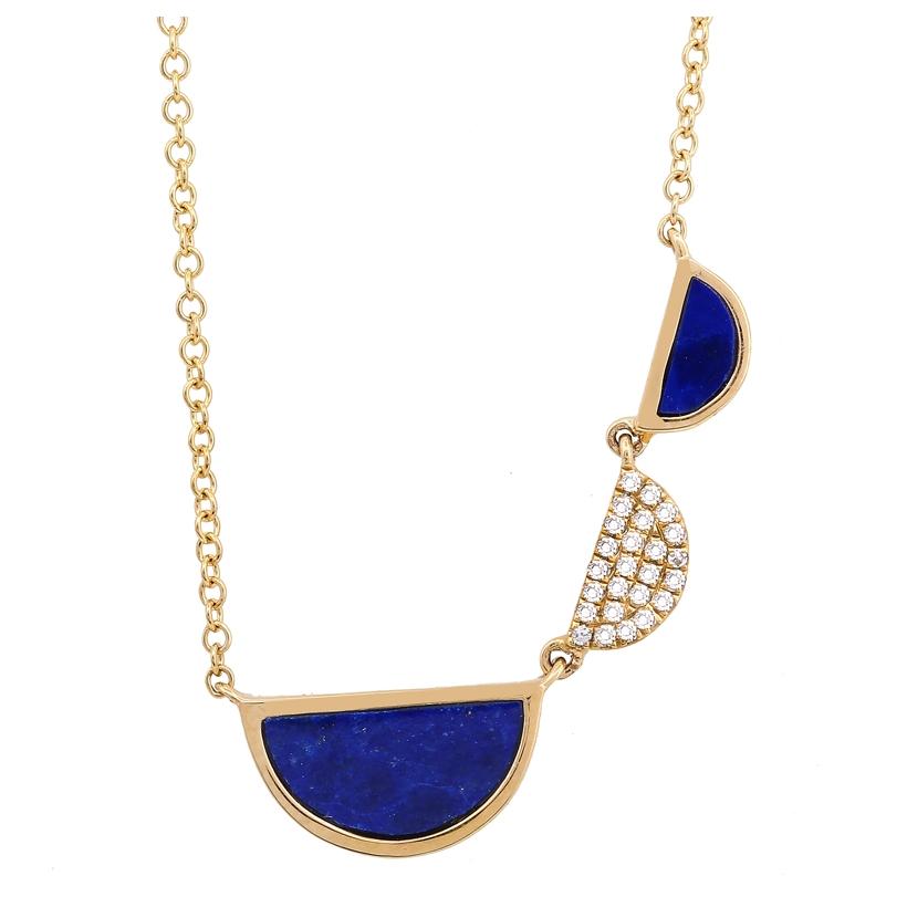 0.06 Ctw Diamond 14k Yellow Gold Lapis Round Shape Womens Gemstone Necklace