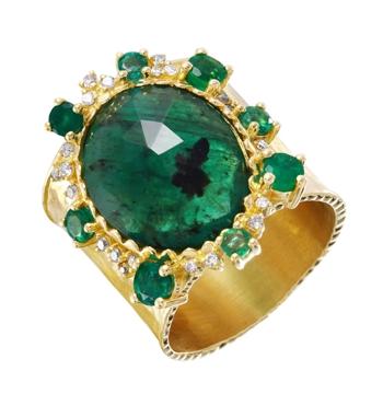 0.2 Ctw Diamond 14k Yellow Gold Emerald Round Shape Womens Gemstone Ring