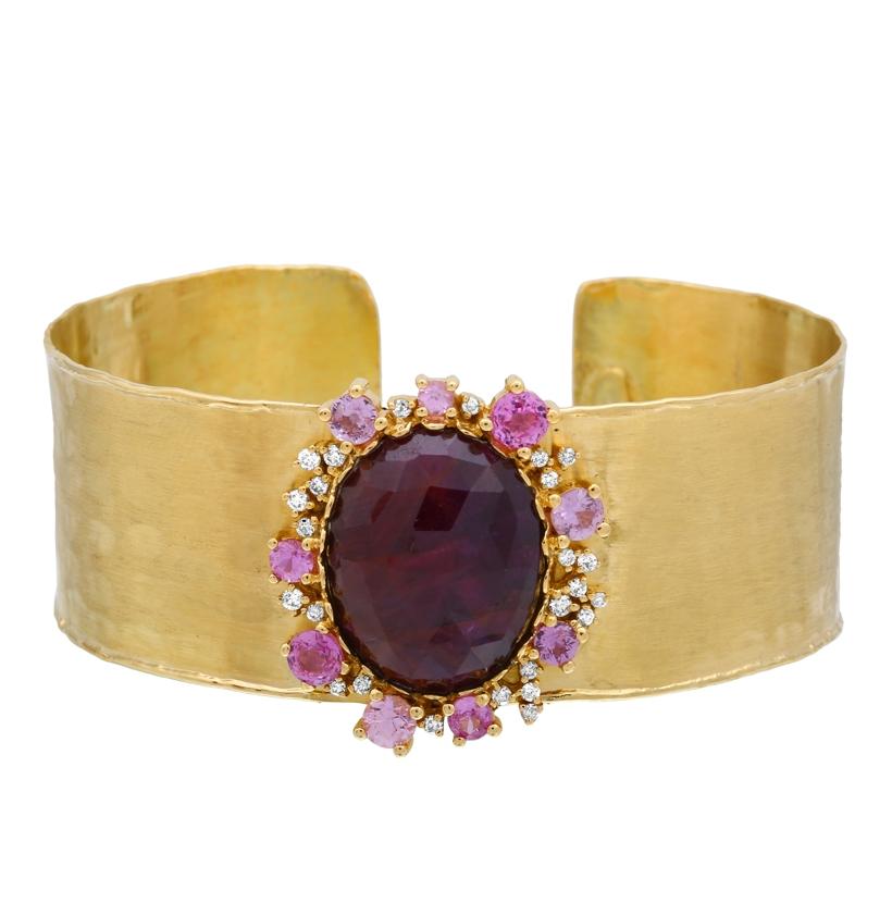 0.26 Ctw Diamond 14k Yellow Gold Sapphire Ruby Round Shape Womens Gemstone Bangle Bracelet