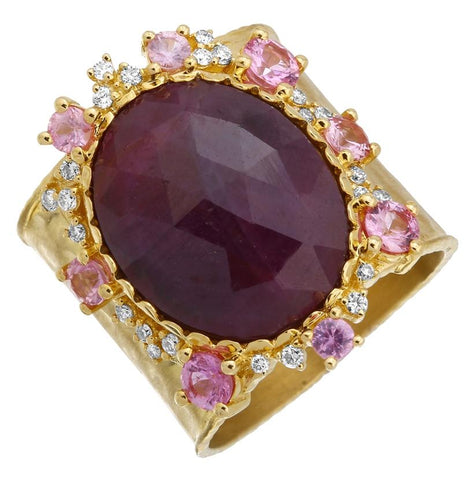 0.2 Ctw Diamond 14k Yellow Gold Sapphire Ruby Round Shape Womens Gemstone Ring