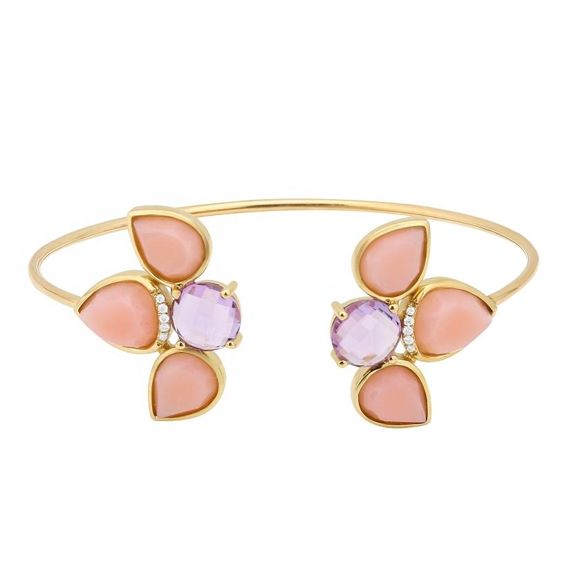 0.05 Ctw Diamond 14k Yellow Gold Opal Amethyst Round Shape Womens Gemstone Bangle Bracelet