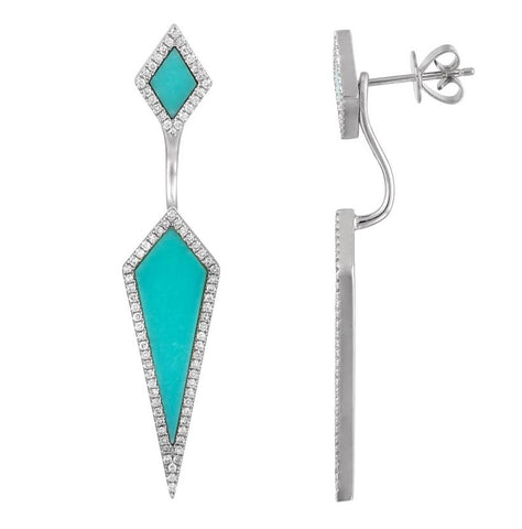 0.44 Ctw Diamond 14k White Gold Turquoise Round Shape Womens Gemstone Earrings