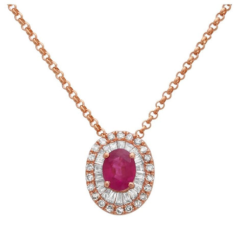 0.2 Ctw Diamond 14k Rose Gold Ruby Round Tap Baguette Shape Womens Gemstone Necklace Pendant With 16 Inch Chain