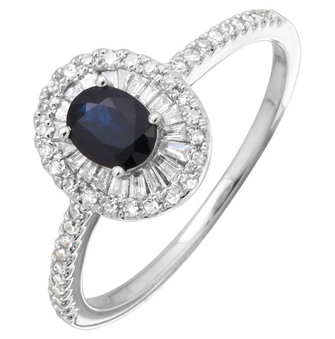0.28 Ctw Diamond 14k White Gold Sapphire Round Tap Baguette Shape Womens Gemstone Ring