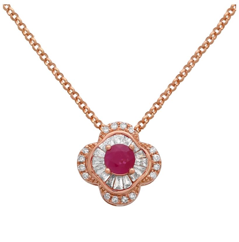 0.18 Ctw Diamond 14k Rose Gold Ruby Round Tap Baguette Shape Womens Gemstone Necklace Pendant With 16 Inch Chain