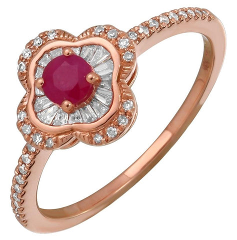 0.23 Ctw Diamond 14k Rose Gold Ruby Round Tap Baguette Shape Womens Gemstone Ring