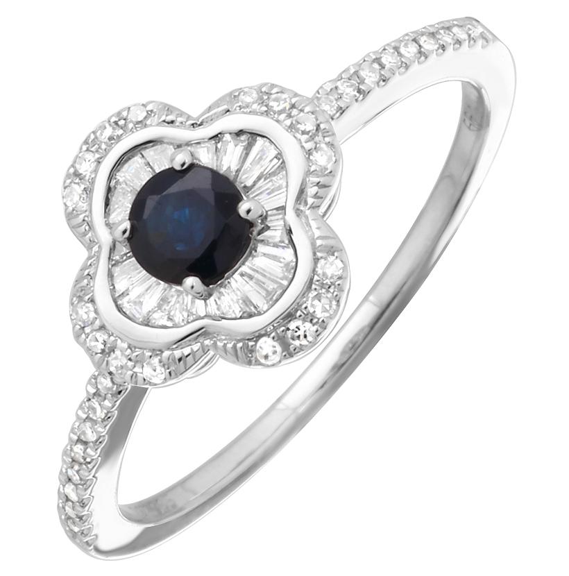 0.21 Ctw Diamond 14k White Gold Sapphire Round Tap Baguette Shape Womens Gemstone Ring