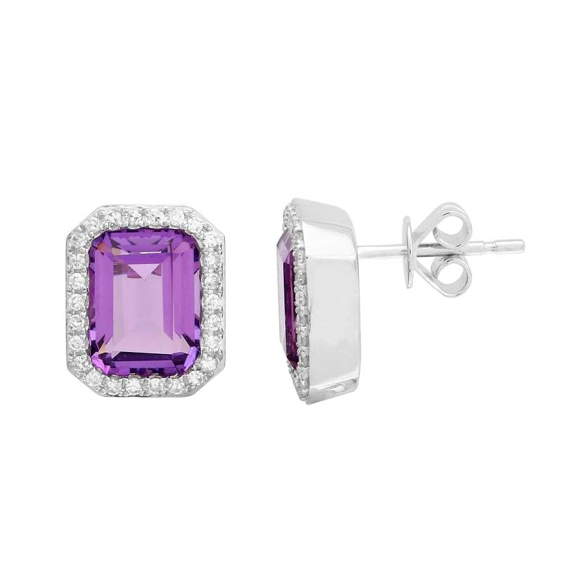 0.27 Ctw Diamond 14k White Gold Amethyst Round Shape Womens Gemstone Earrings