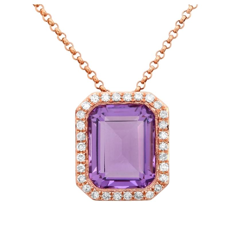 0.18 Ctw Diamond 14k Rose Gold Amethyst Round Shape Womens Gemstone Necklace Pendant With 16 Inch Chain