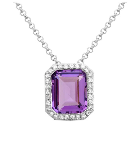 0.15 Ctw Diamond 14k White Gold Amethyst Round Shape Womens Gemstone Necklace Pendant With 16 Inch Chain