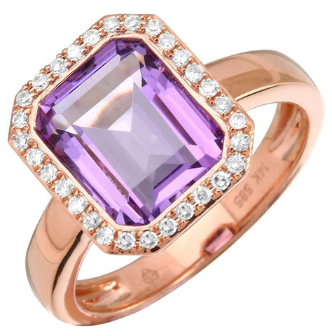 0.18 Ctw Diamond 14k Rose Gold Amethyst Round Shape Womens Gemstone Ring