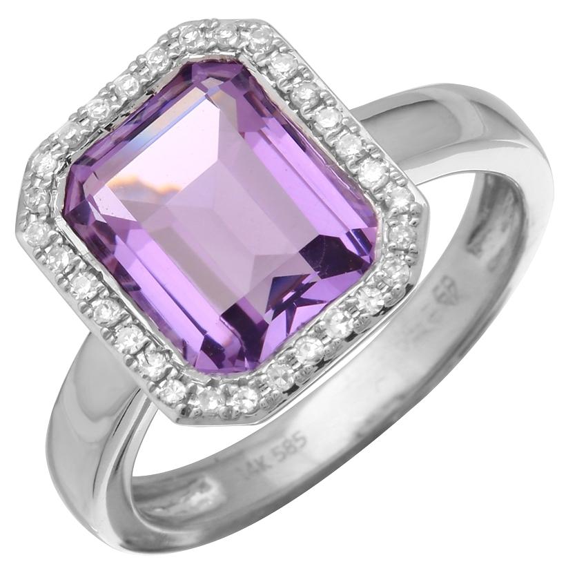 0.15 Ctw Diamond 14k White Gold Amethyst Round Shape Womens Gemstone Ring