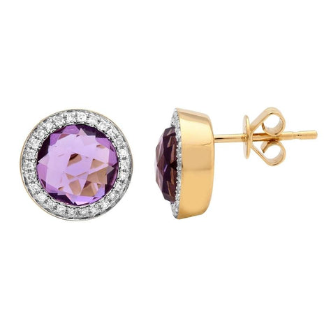 0.17 Ctw Diamond 14k Yellow Gold Amethyst Round Shape Womens Gemstone Earrings